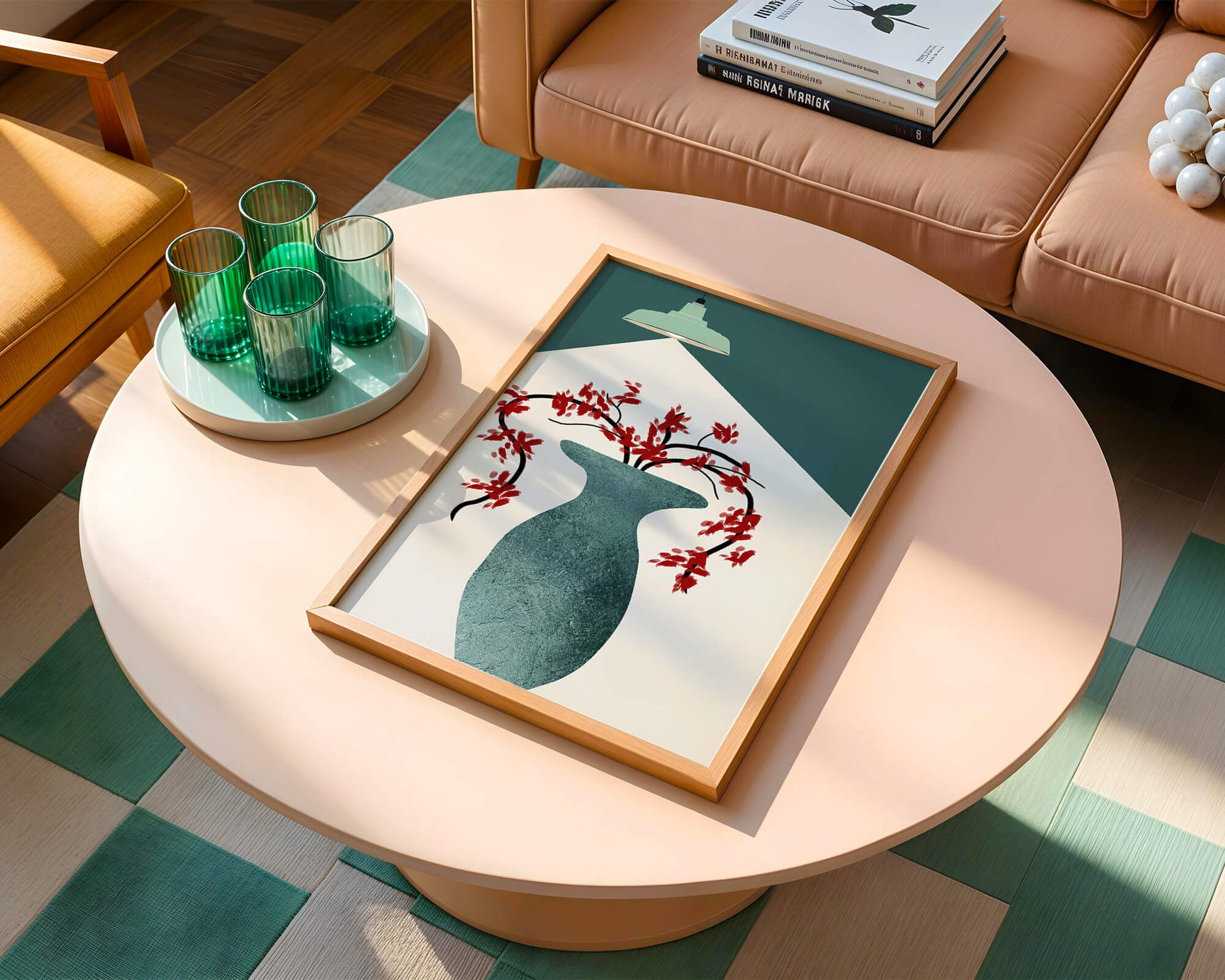 Modern Minimalist Vase with Red Flowers Under Green Lamp