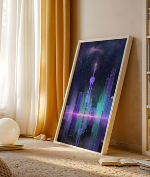 Futuristische Skyline mit leuchtenden Türmen unter sternenklarer Nacht