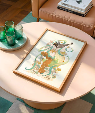 Elegant depiction of an Asian-inspired musician with floral and ribbon motifs