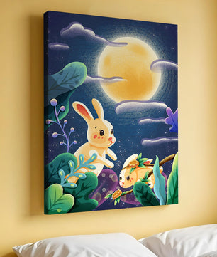 Charming illustration of rabbits under a full moon in a vibrant night garden