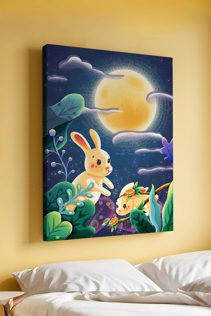 Charming illustration of rabbits under a full moon in a vibrant night garden