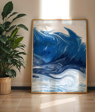 Pintura abstracta de ola oceánica azul y blanca con patrones giratorios