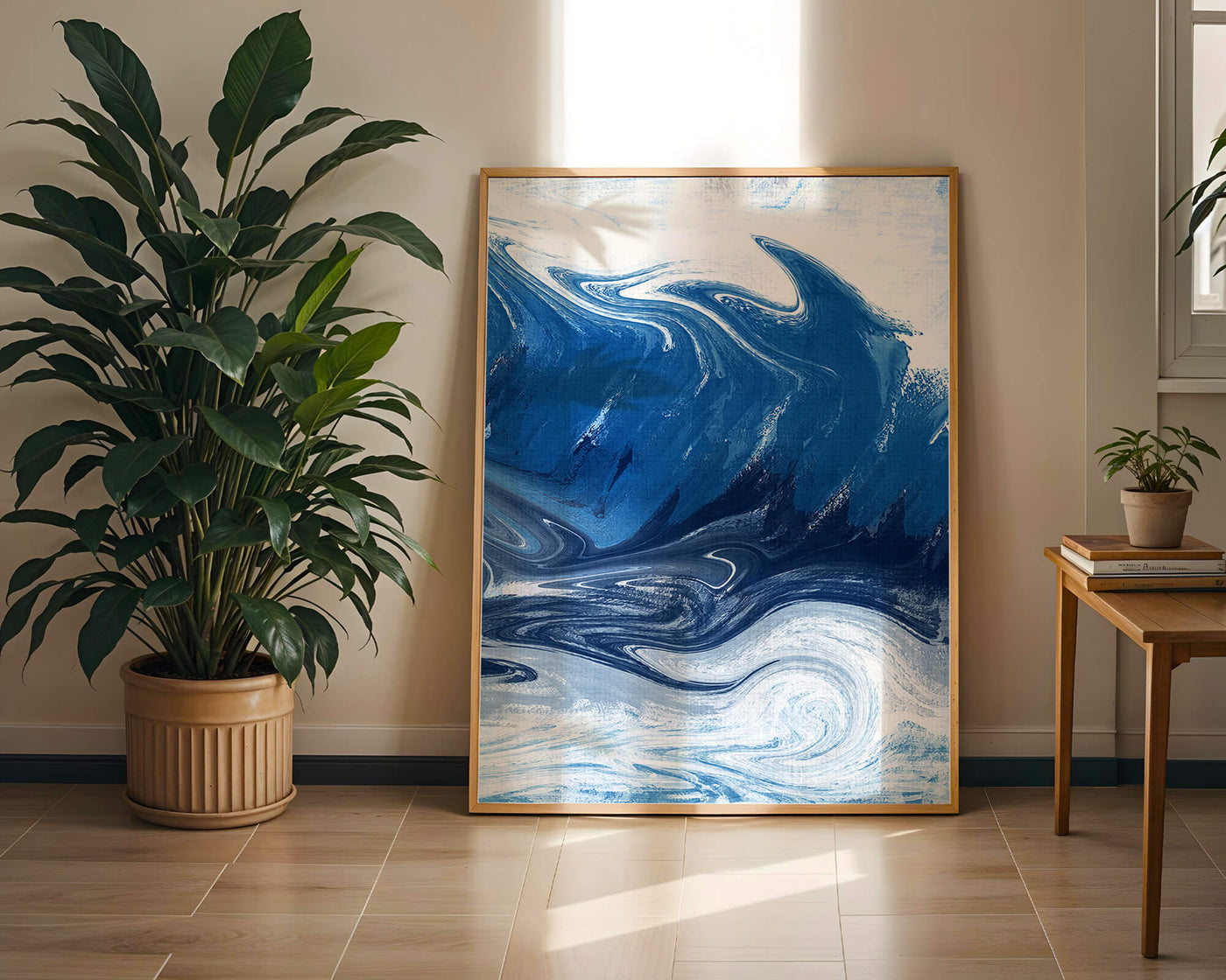 Abstract blue and white ocean wave painting with swirling patterns