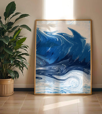Abstract blue and white ocean wave painting with swirling patterns