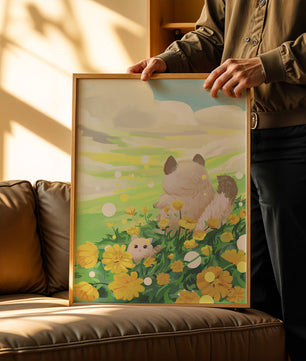 Whimsical Scene of Fluffy Cat and Kitten Among Yellow Flowers