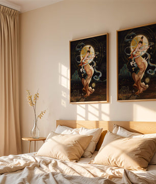 Elegant celestial dancer with gold elements in an ethereal fantasy scene