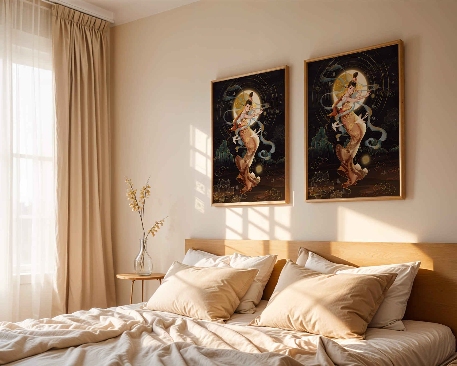 Elegant celestial dancer with gold elements in an ethereal fantasy scene