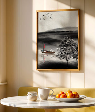 Voyage paisible en bateau dans un paysage serein avec oiseaux et arbre