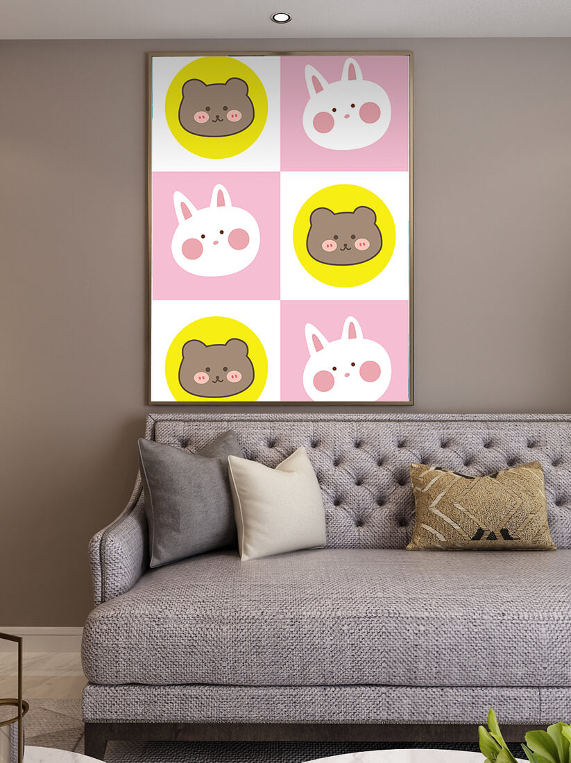 Diseño de patrones de animales juguetones con caras de osos y conejos en colores pastel