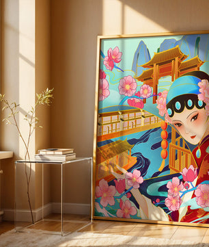 Traditional Asian art with cherry blossoms and architecture