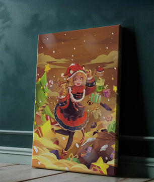 Festive anime character surrounded by gifts and holiday decor