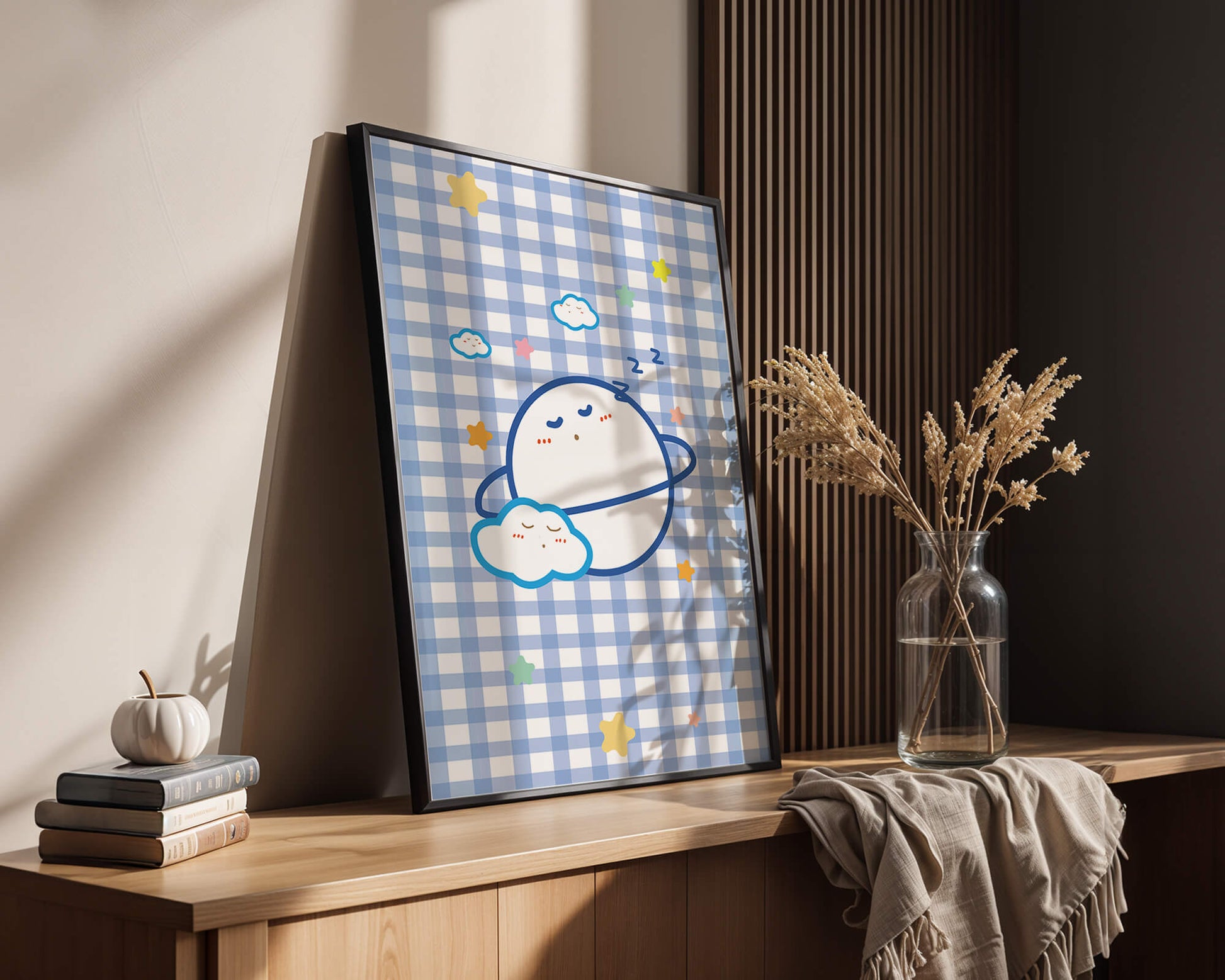Whimsical sleep theme with planets and clouds on a checkered background