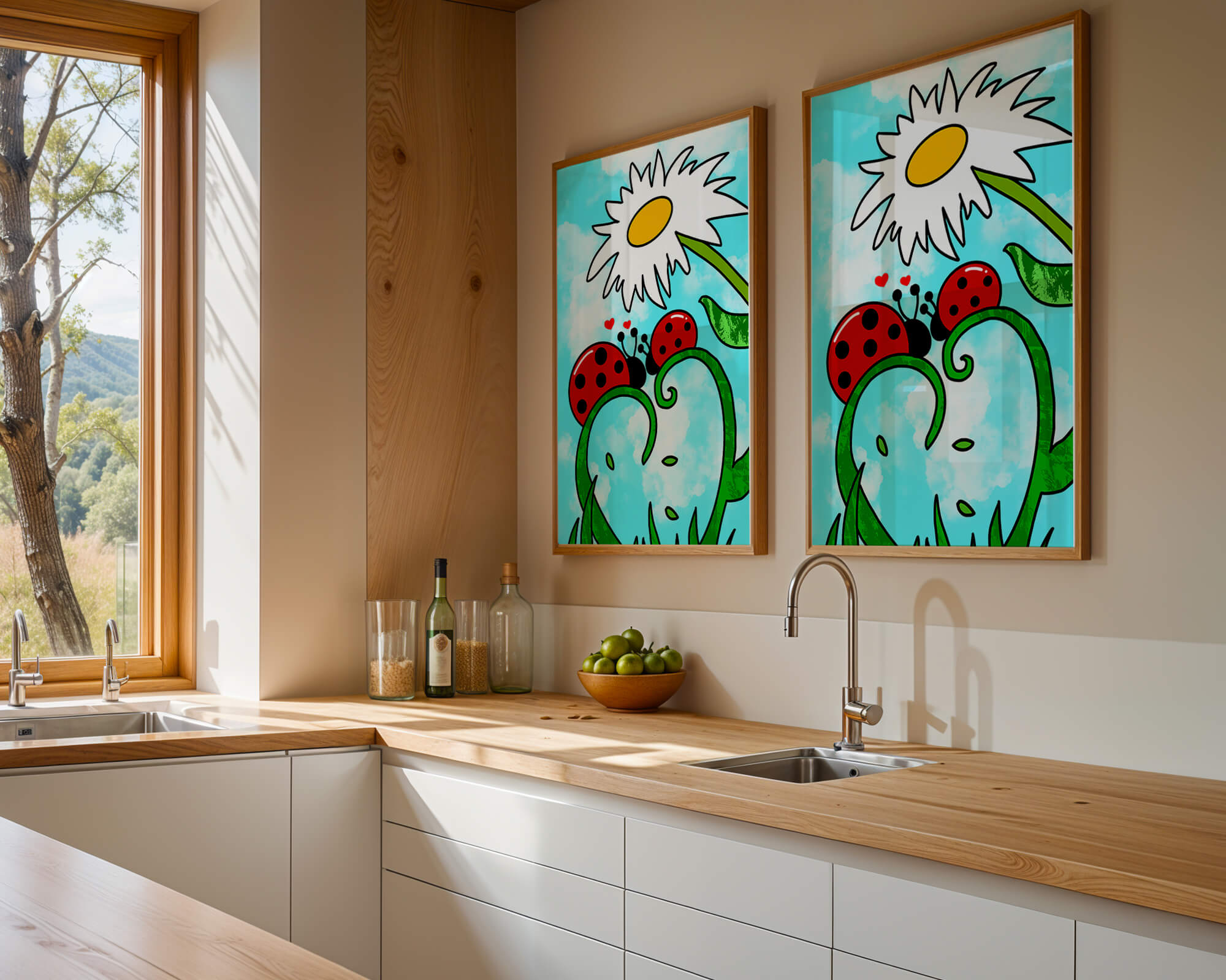 Ladybugs in love beneath a daisy on a bright sky
