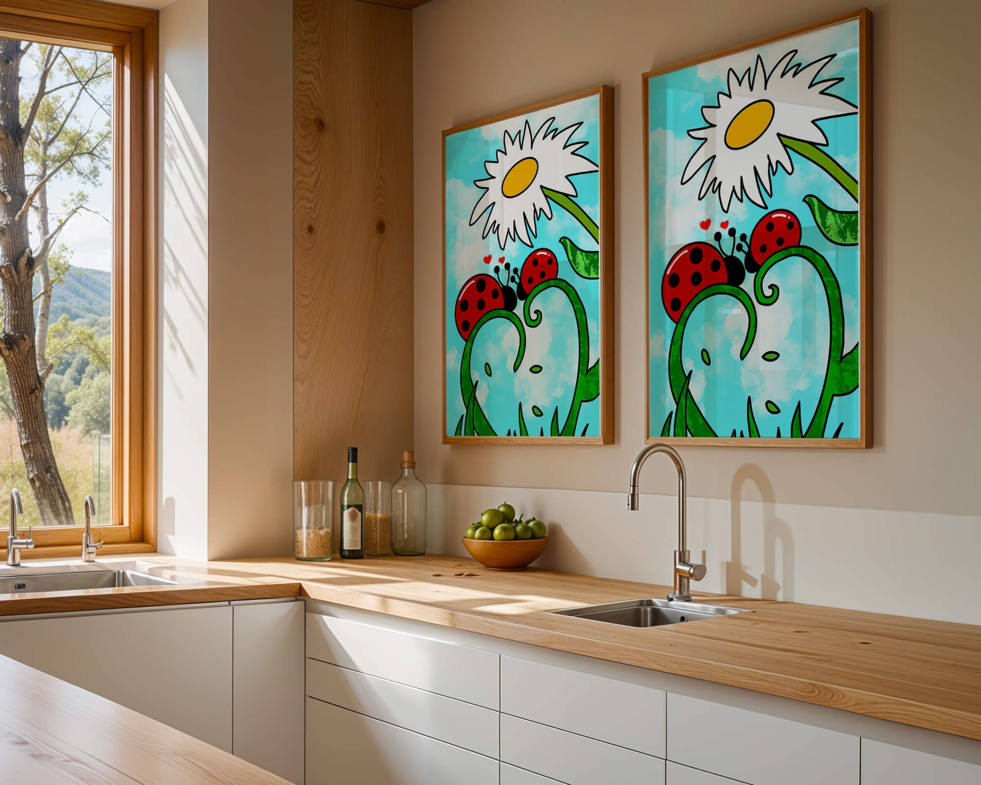 Ladybugs in love beneath a daisy on a bright sky