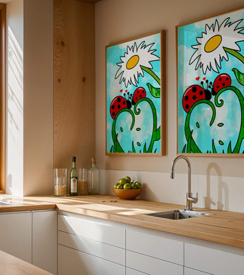 Ladybugs in love beneath a daisy on a bright sky