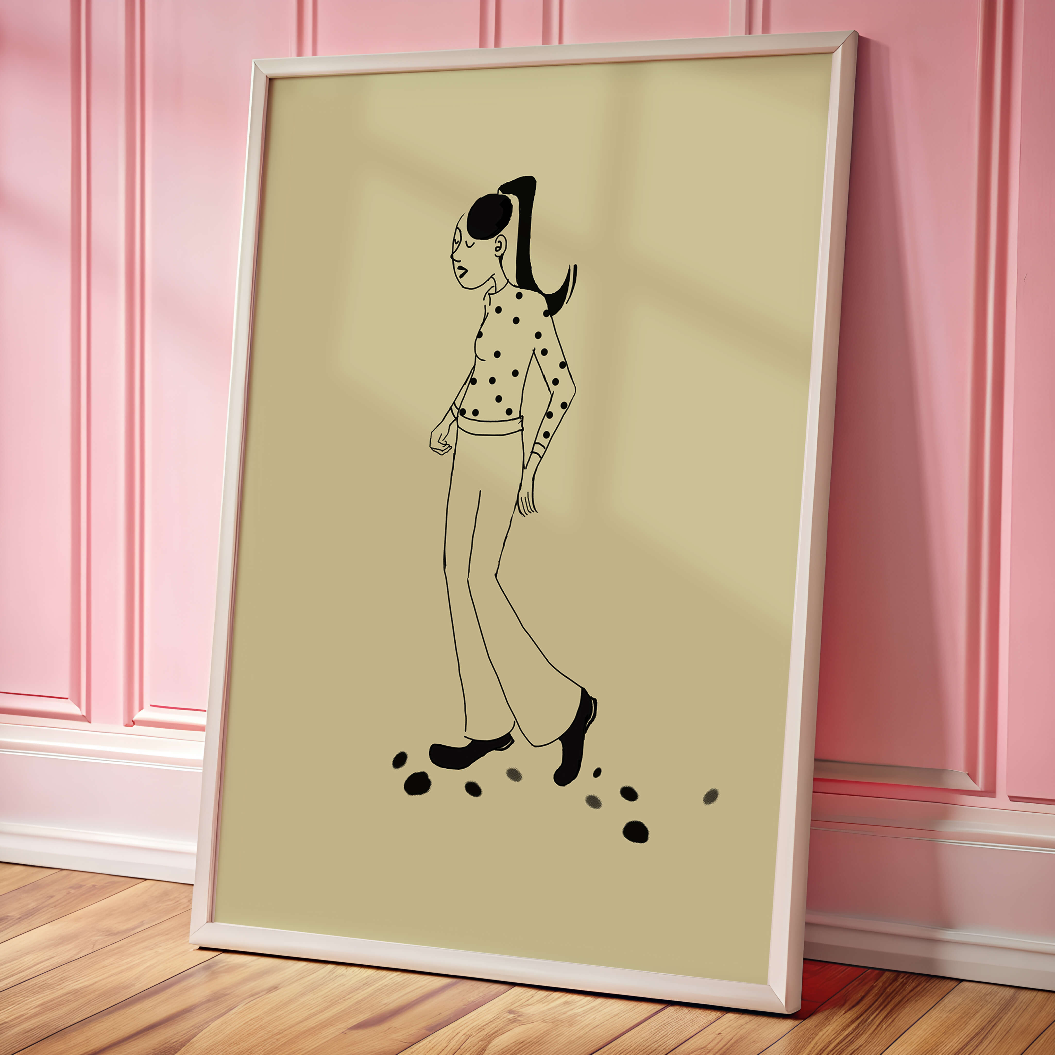 Illustration of a person walking in a polka dot shirt with ponytail