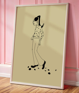 Illustration d'une personne marchant en chemise à pois avec une queue de cheval