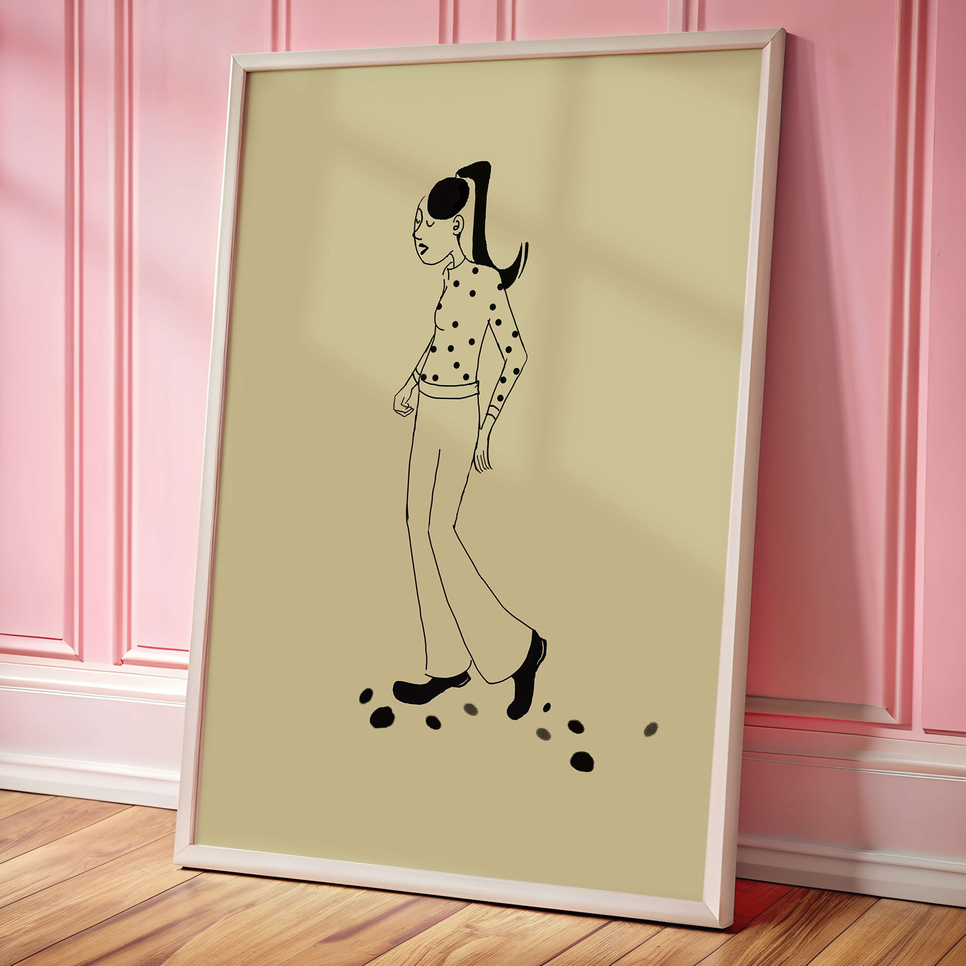 Illustration of a person walking in a polka dot shirt with ponytail