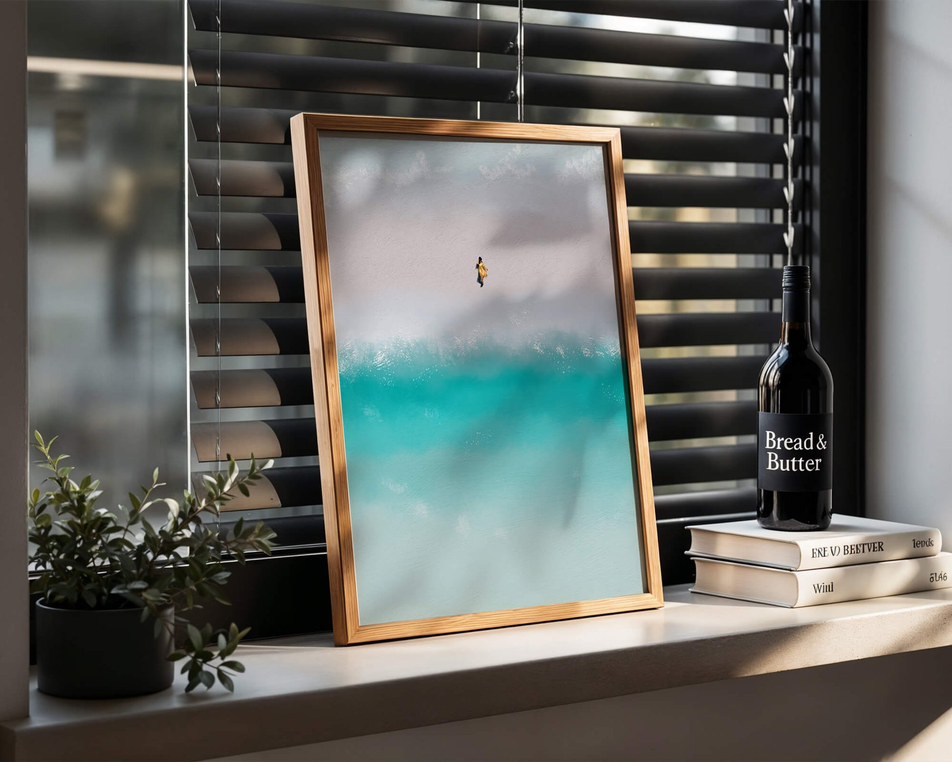 Serene beach with turquoise waves and solitary figure