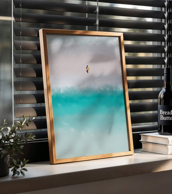Serene beach with turquoise waves and solitary figure