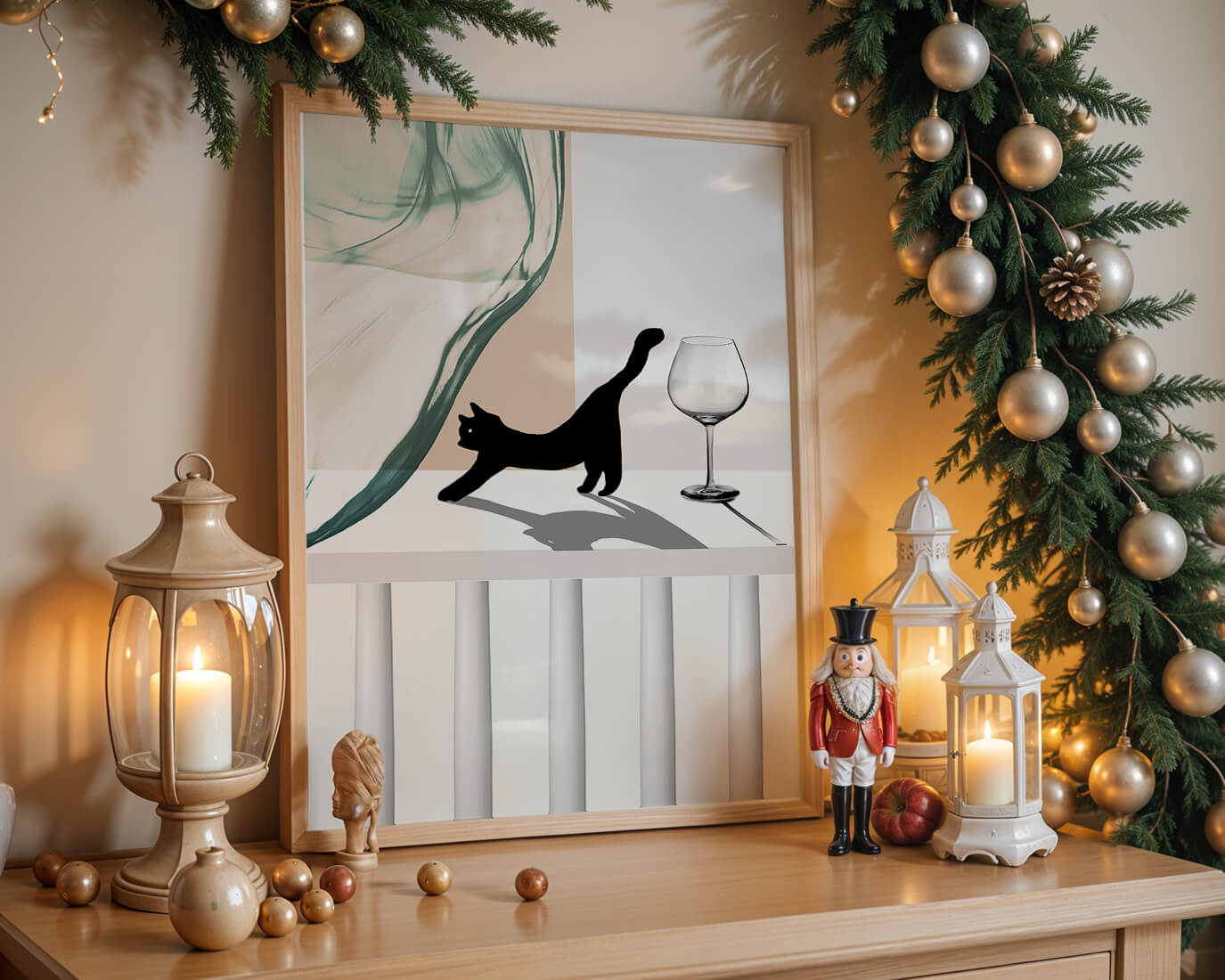 Abstract Composition with Black Cat and Wine Glass on Geometric Background