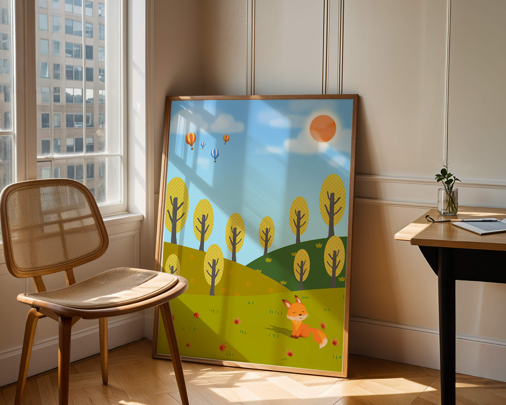 Whimsical landscape with hot air balloons and a fox in autumn scenery