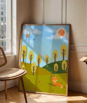 Whimsical landscape with hot air balloons and a fox in autumn scenery