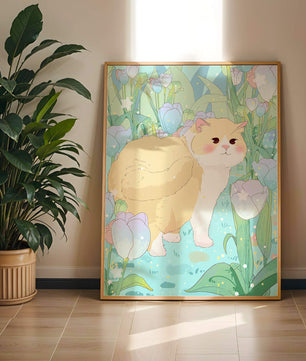 Charmante illustration d’un chat dans un jardin luxuriant de tulipes