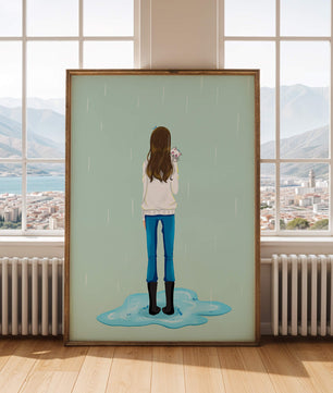 Joven mujer con gato bajo la lluvia