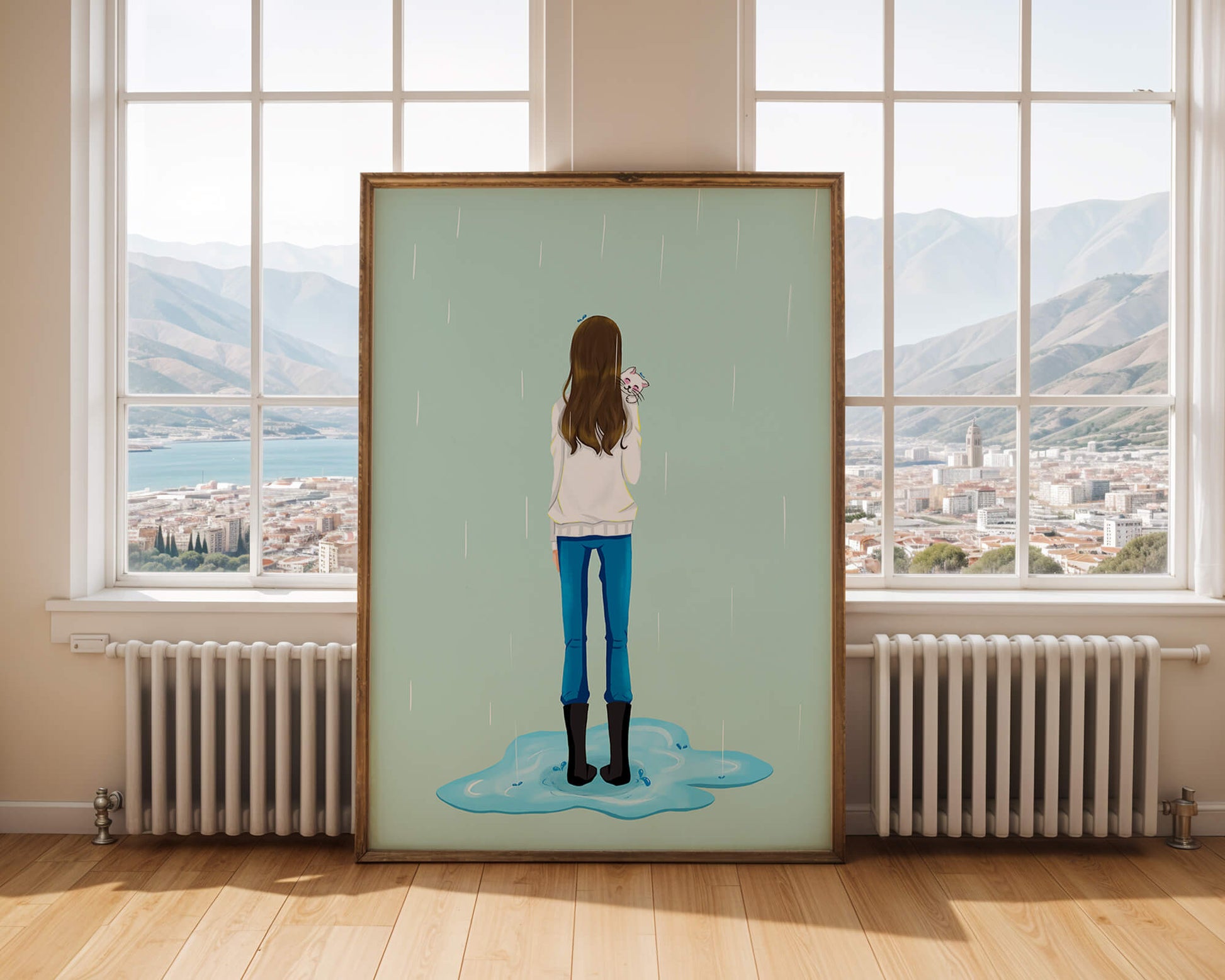 Young woman with cat in the rain
