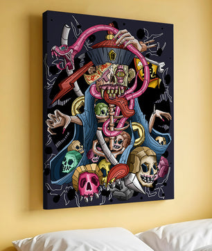 Colorful skeleton with skulls and snake illustration