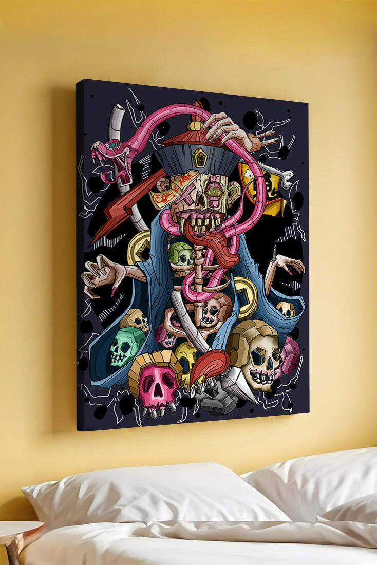 Colorful skeleton with skulls and snake illustration