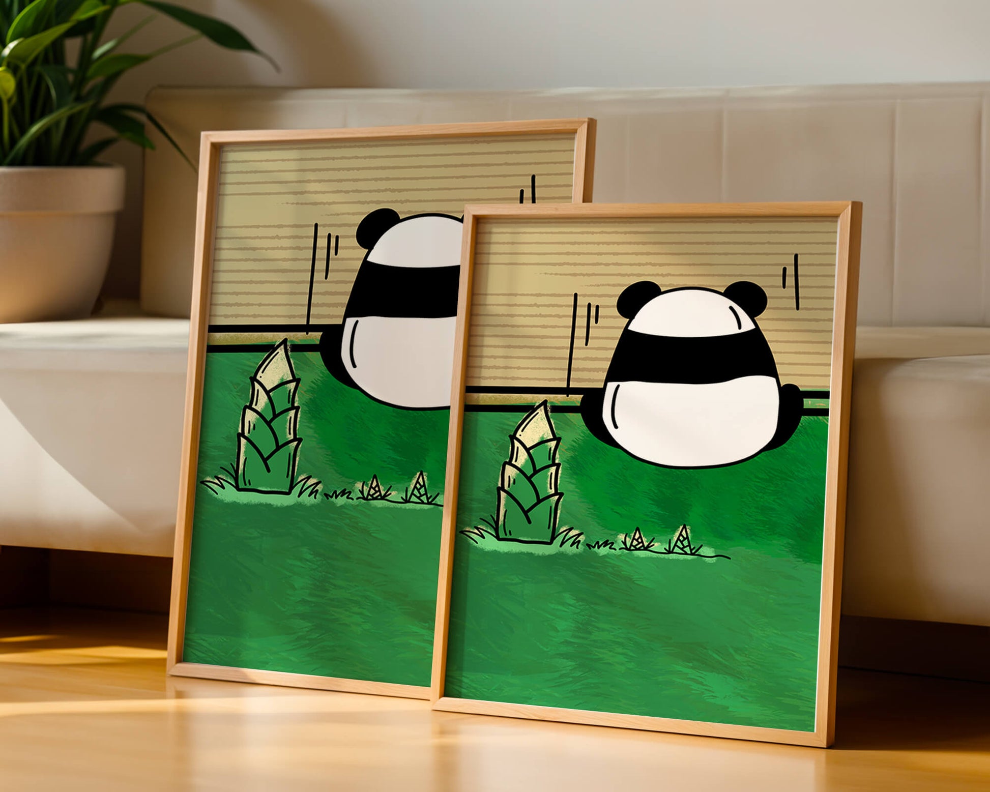 Whimsical panda in a green bamboo forest background