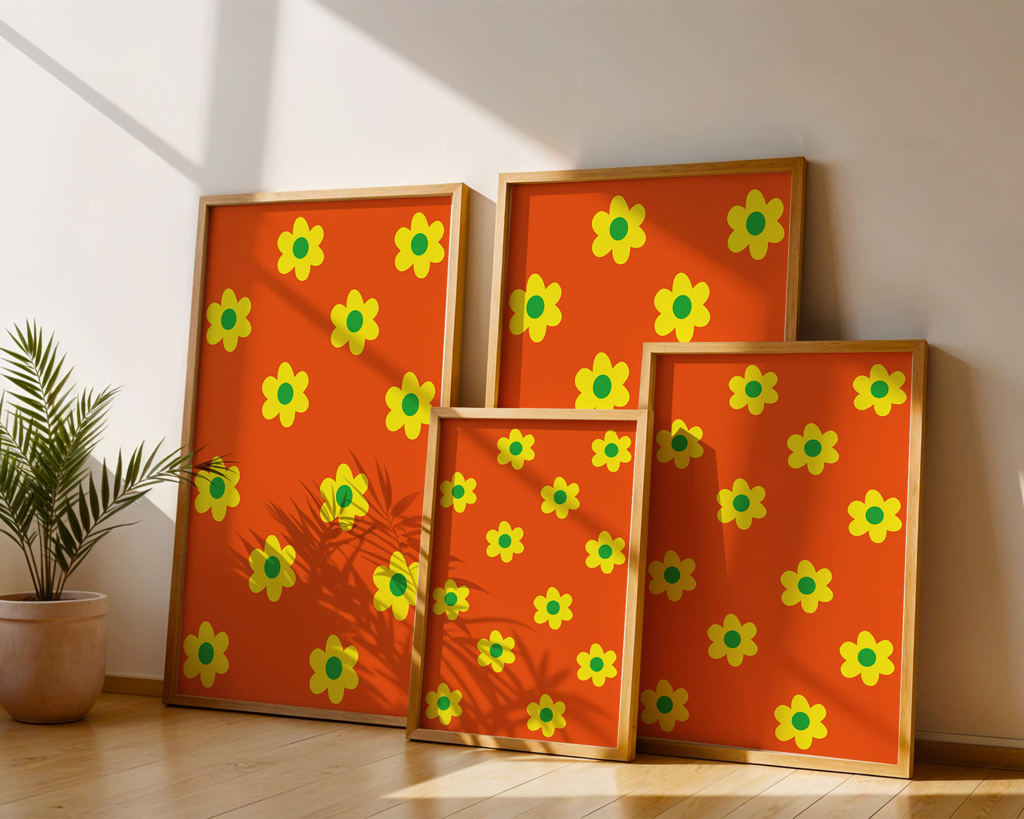 Colorful floral pattern with yellow flowers on orange background