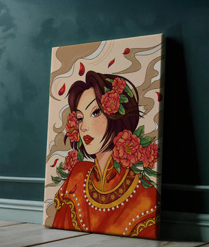 Elegantes Porträt einer Frau in traditioneller Kleidung mit floralem Haarschmuck