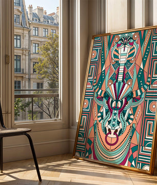 Arte tribal geométrico con motivos de serpiente y toro