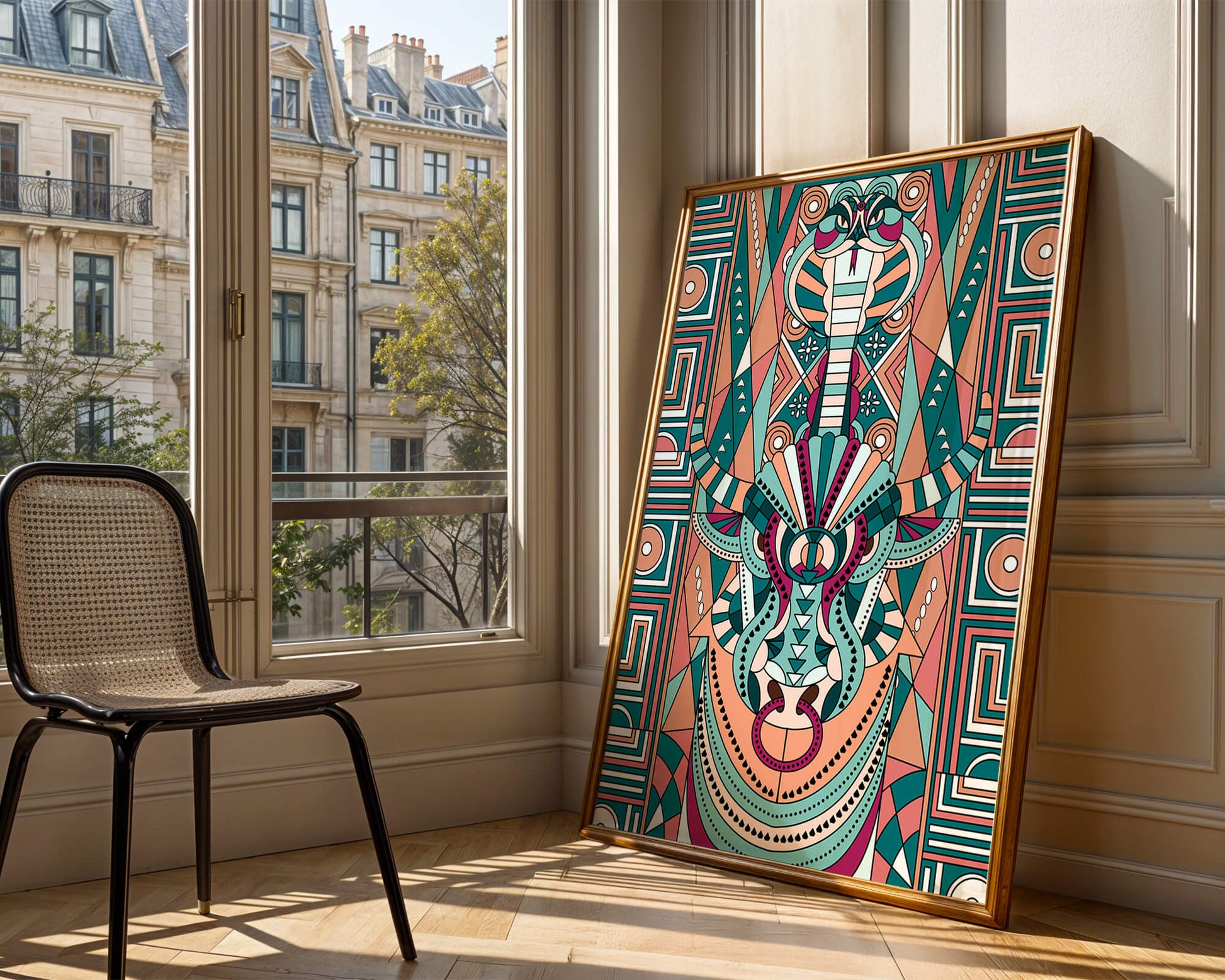 Arte tribal geométrico con motivos de serpiente y toro