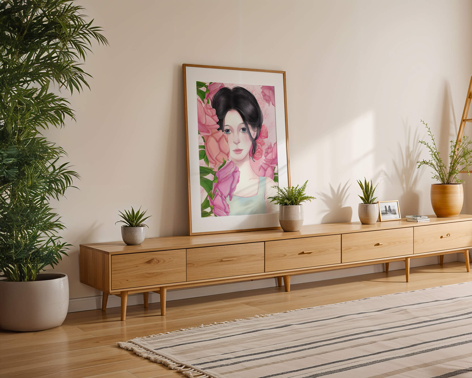 Illustration of a woman surrounded by pink roses
