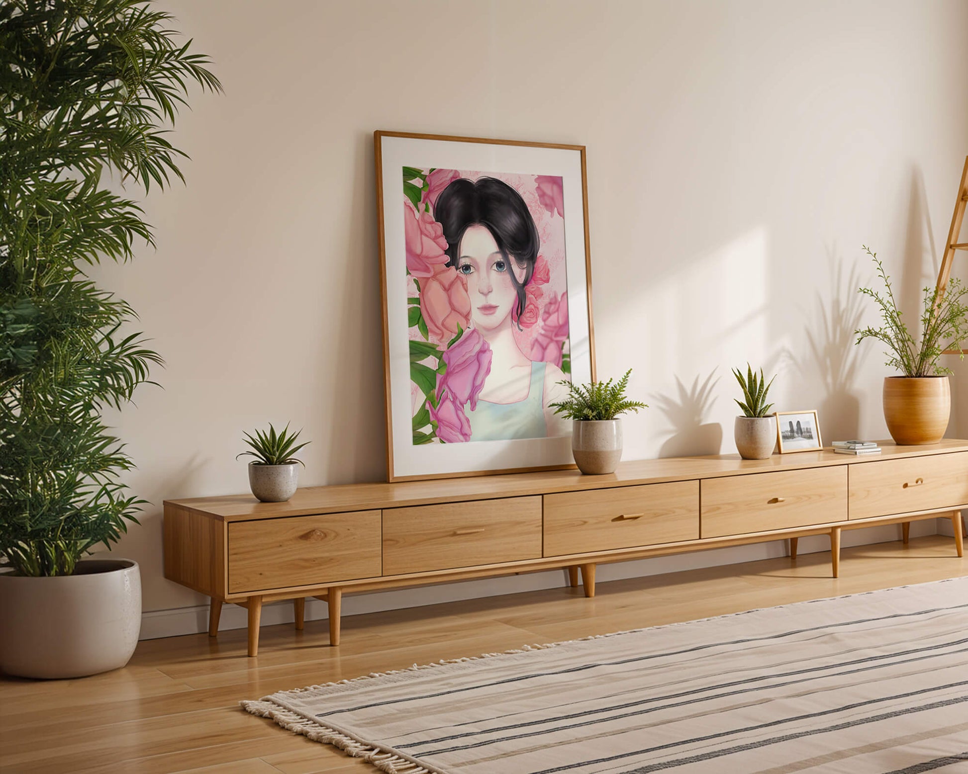 Illustration of a woman surrounded by pink roses