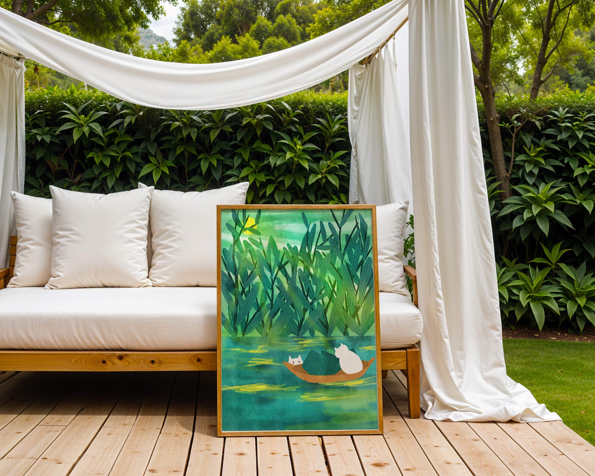 Serene landscape with cats on a boat in lush greenery