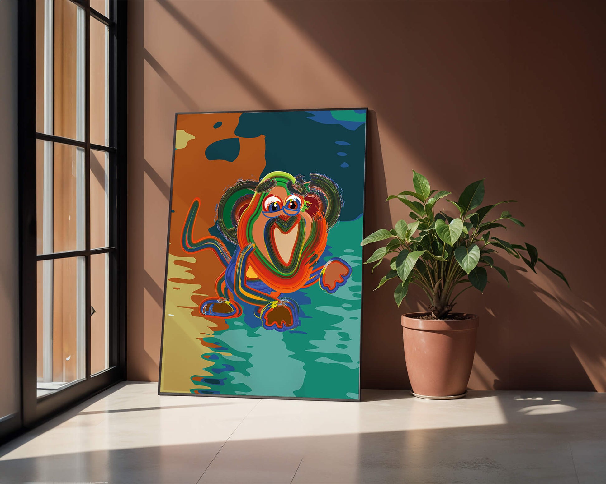 Ilustración abstracta y colorida de un mono con pinceladas audaces