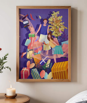 Illustration d'une expérience de shopping joyeuse en famille avec des cadeaux et des couleurs vives