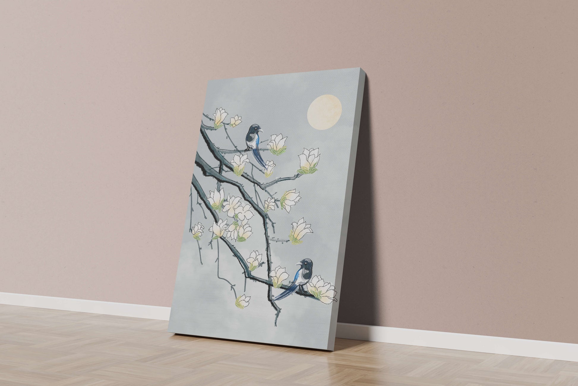Birds on blossoming branches under a serene moonlit sky