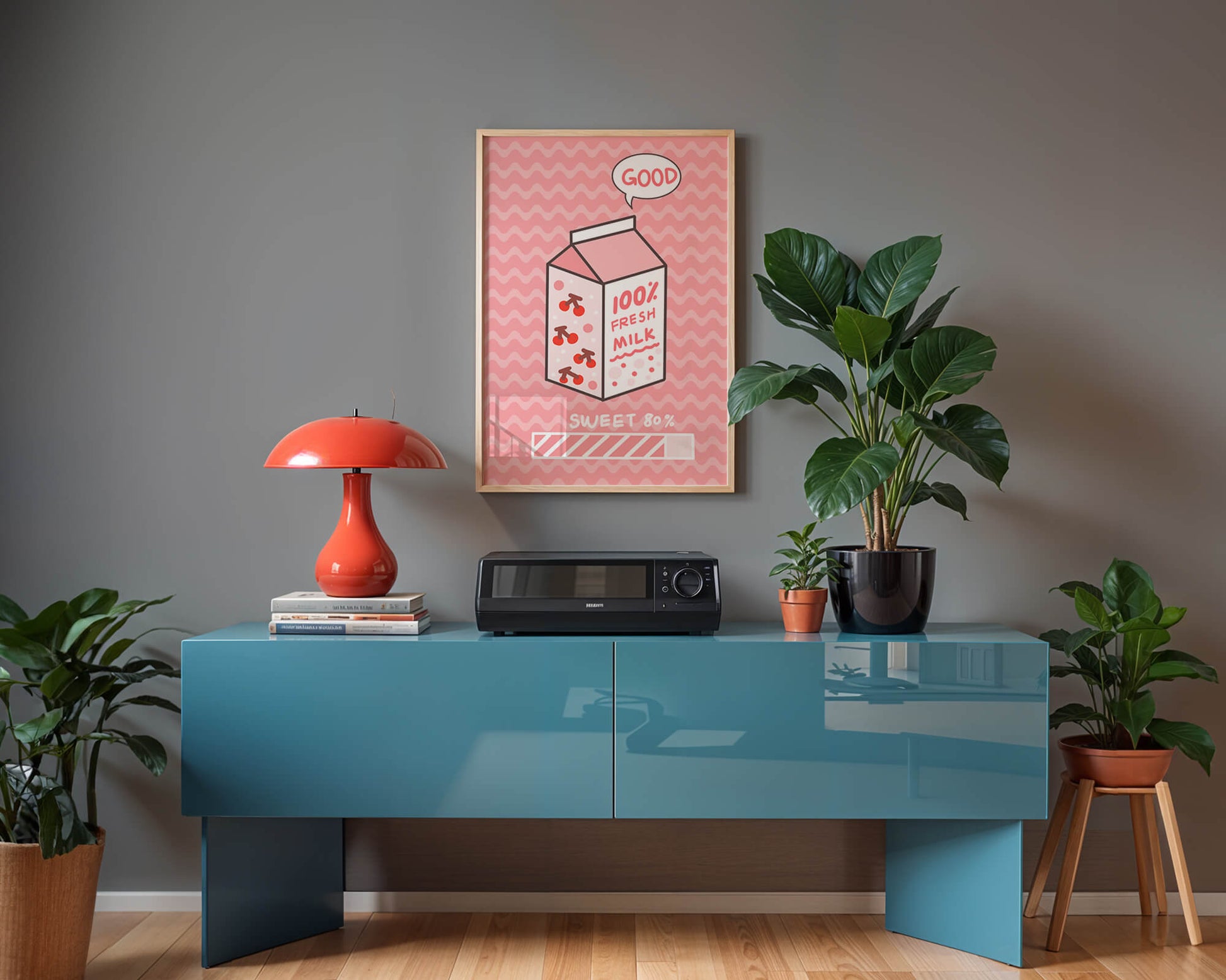 Playful illustration of milk carton with cherry design on pink background