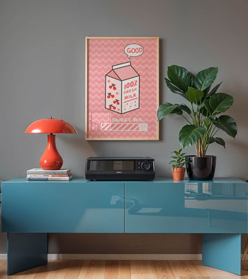 Playful illustration of milk carton with cherry design on pink background