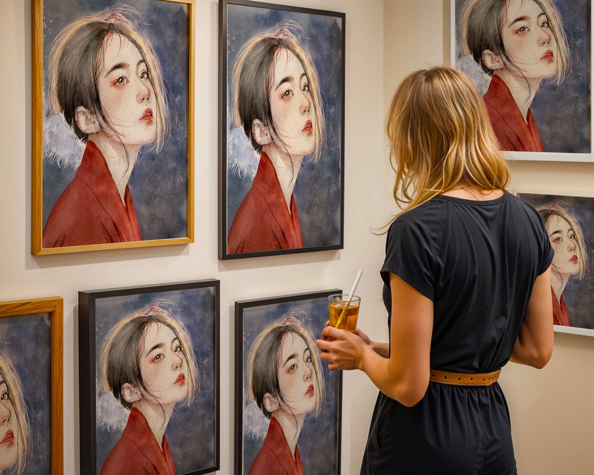Watercolor portrait of a woman in a red garment with expressive features