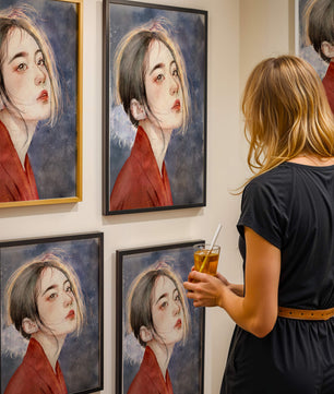 Watercolor portrait of a woman in a red garment with expressive features