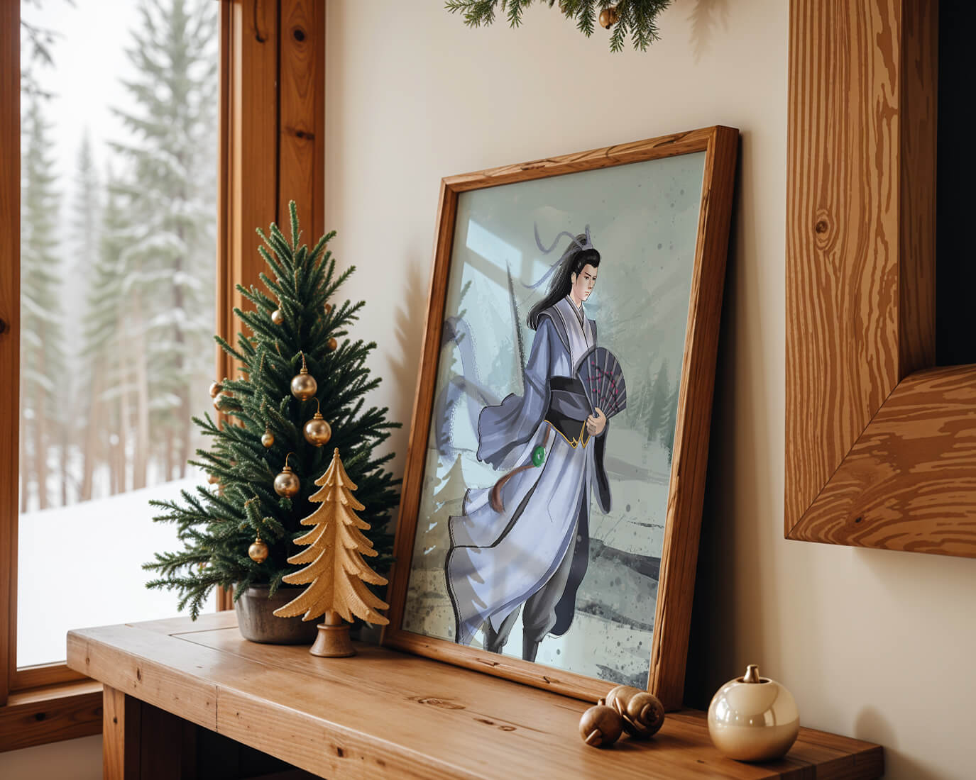 Elegant warrior in traditional attire with flowing robes and fan