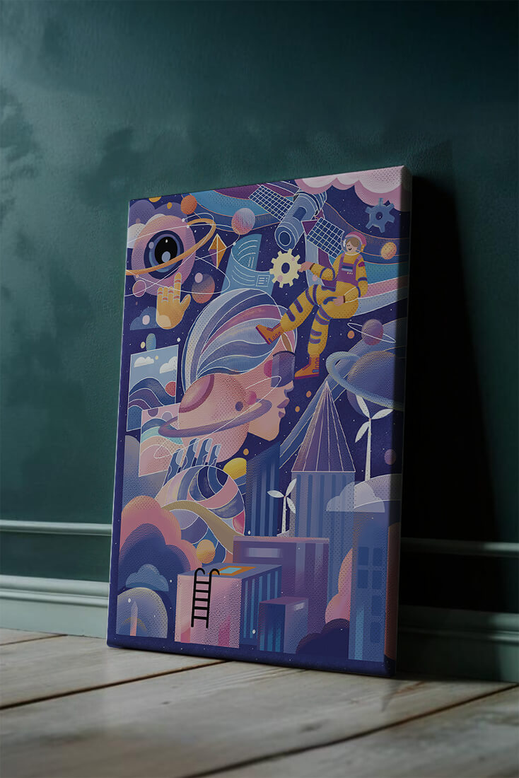 Farbenfrohe futuristische Weltraumillustration mit Astronauten und abstrakten Elementen