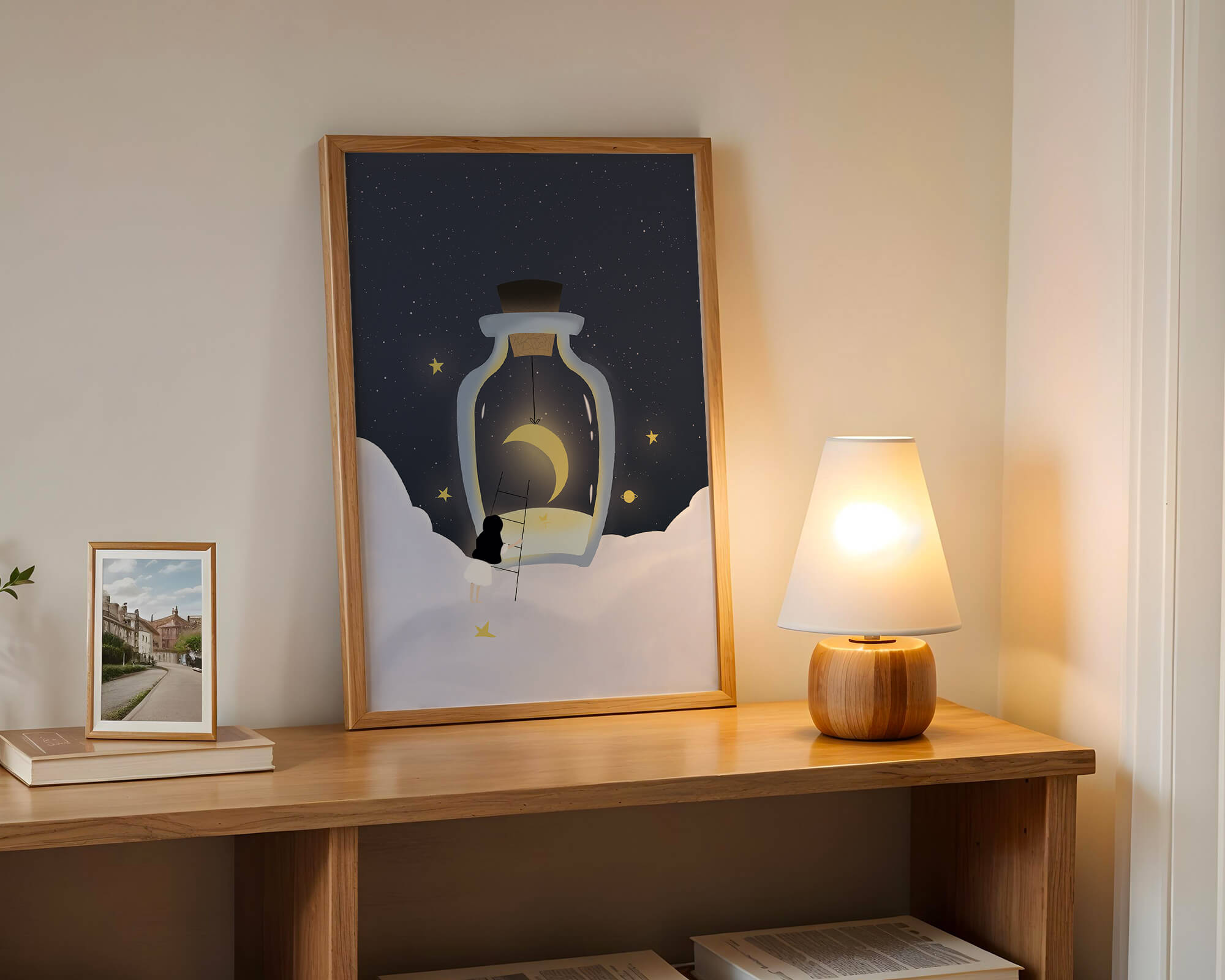 Fantasy Scene with Girl and Moon in a Bottle